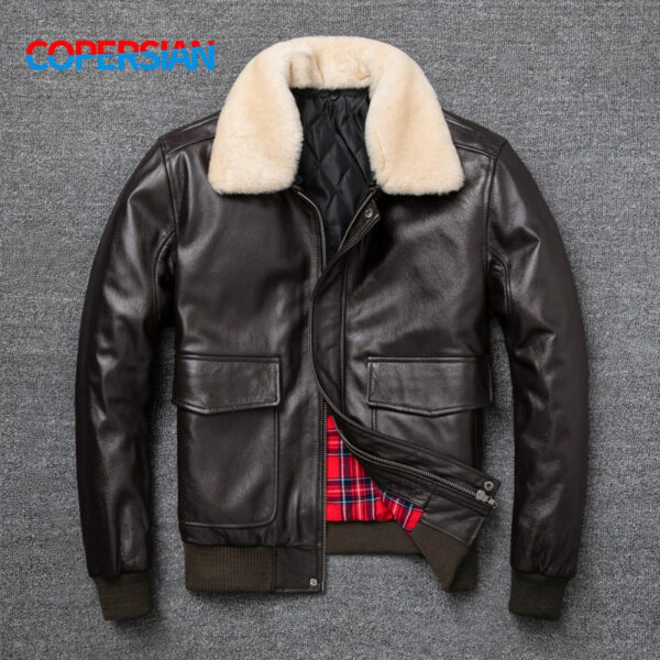 Air Force Flight Jacket Fur Collar Genuine Top Layer Cow Leather Jacket Men Black Brown Cow Coat Men's Winter Jacket 정품 가죽 - Image 4