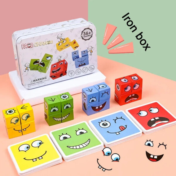 Cube Face Change Building Blocks Board Game Wood Puzzle Montessori Expression Wooden Blocks Blocos For Children Kids Toys Gift - Image 2